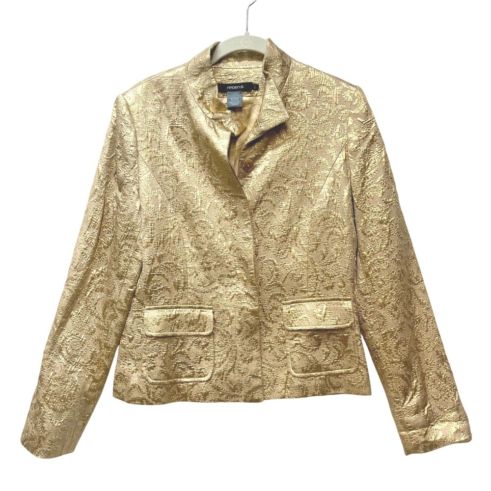 Arden B Metallic Brocade Blazer Jacket Gold Textured‎ Button Front Women's L